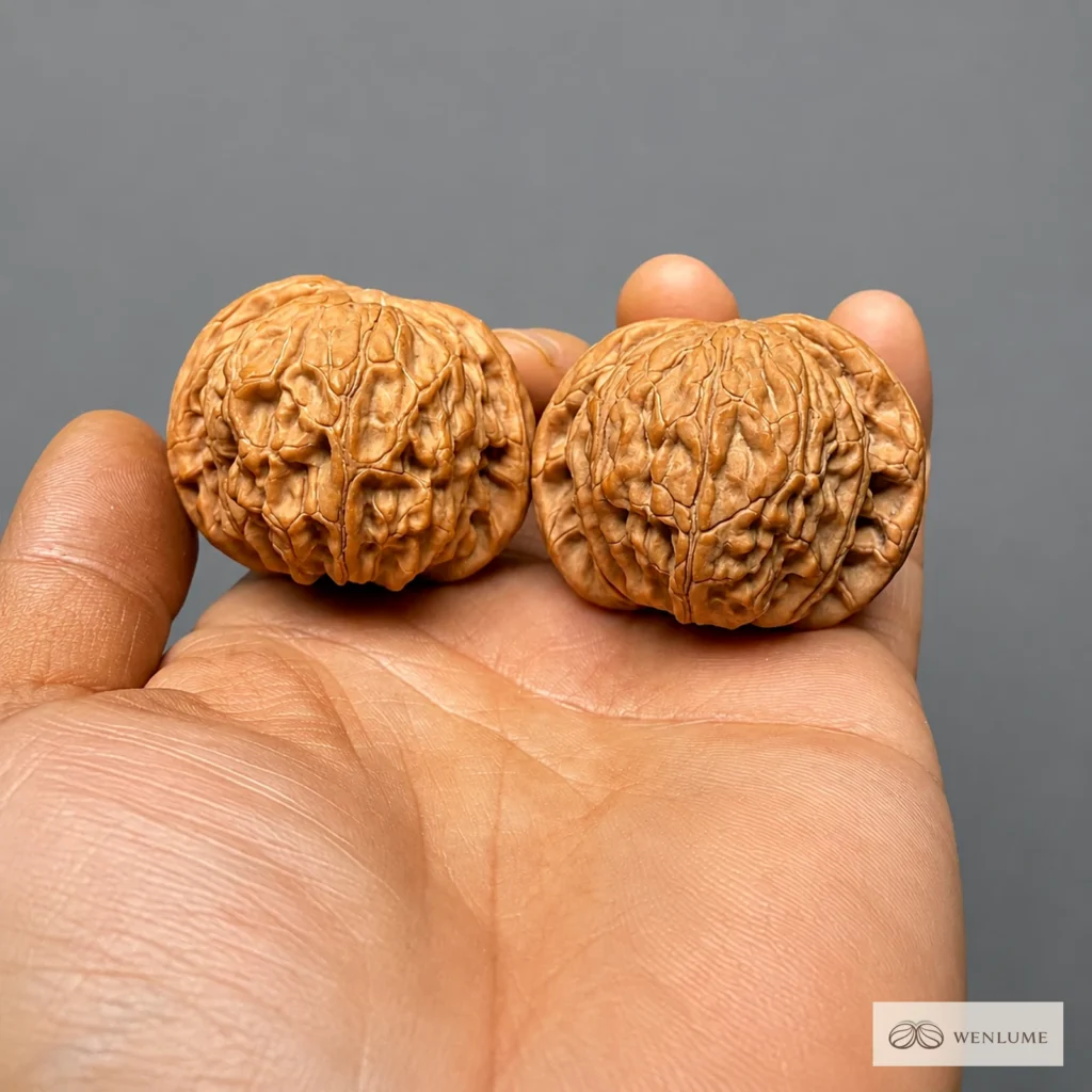 Mopan Lion Head Wenwan Walnut Pair — Exact Pair 190 — exact Wenwan walnut pair, view 1